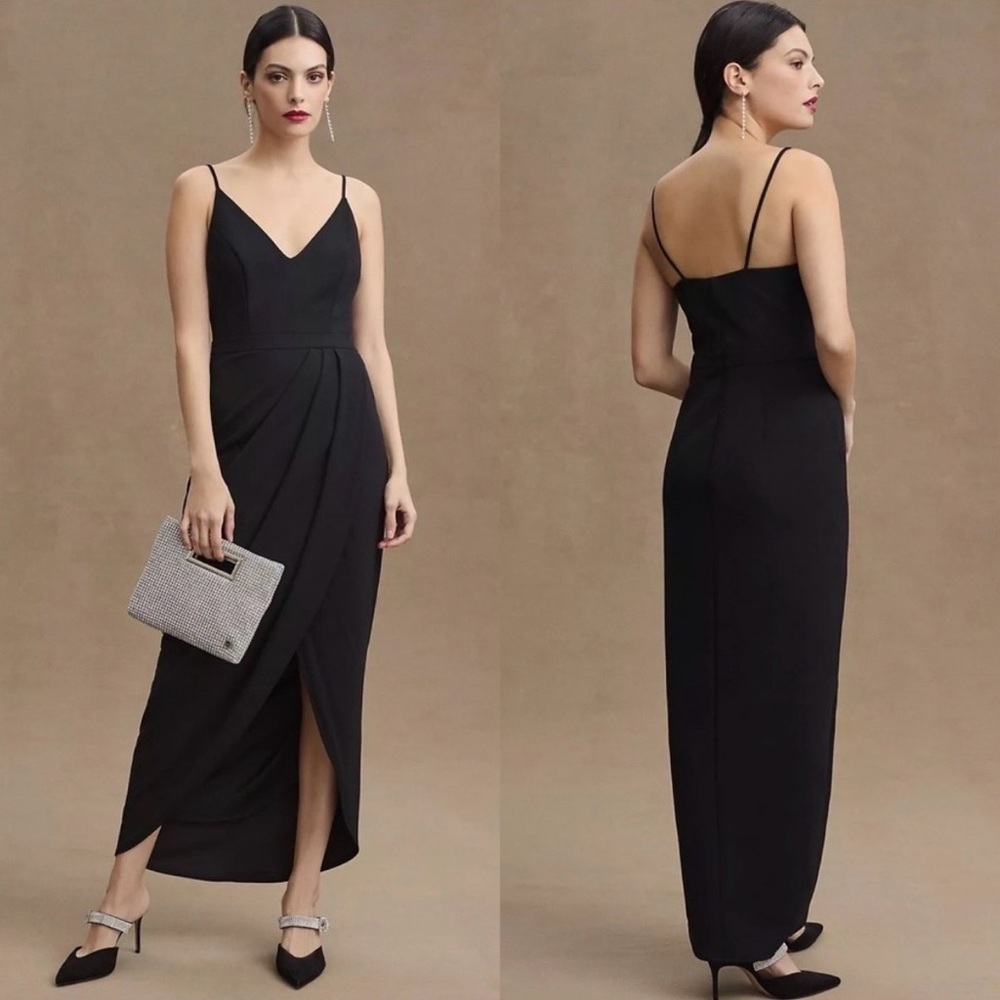 Anthropologie BHLDN Lyra Caron Crepe Faux-Wrap V-Neck Black Midi Dress, Size 2